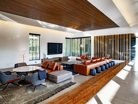 Control 4 automation, Origin Acoustics in-ceiling speakers, Screen Innovations shades, and layered lighting.