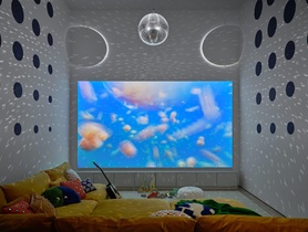 186" diagonal acoustically transparent screen with 4k projector. 2 subwoofers, and 3 speakers behind it.