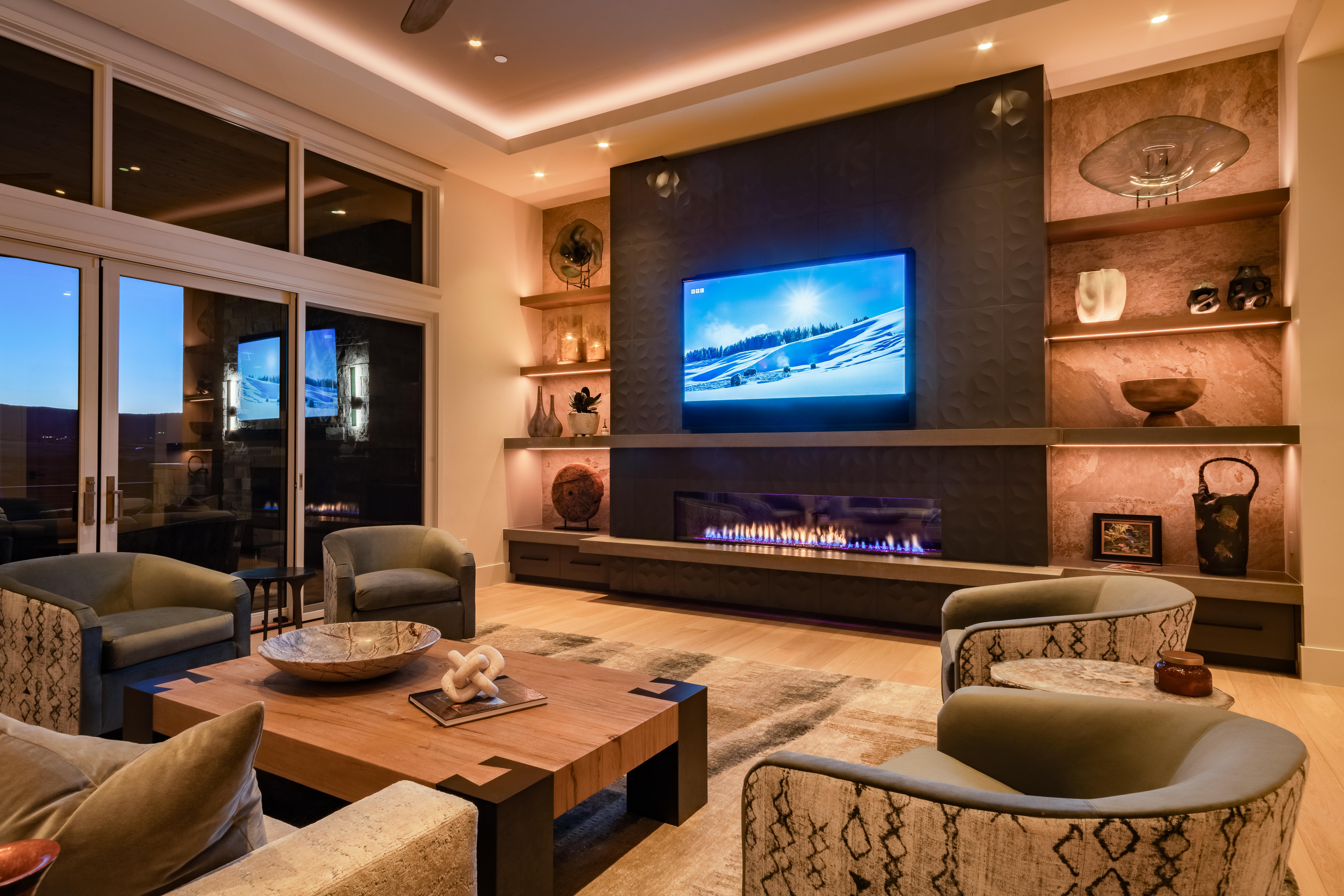 Logic Integration Josh.ai control with Lutron Ketra downlights, Lumaris tape light, Leon speakers, and a Sony display.