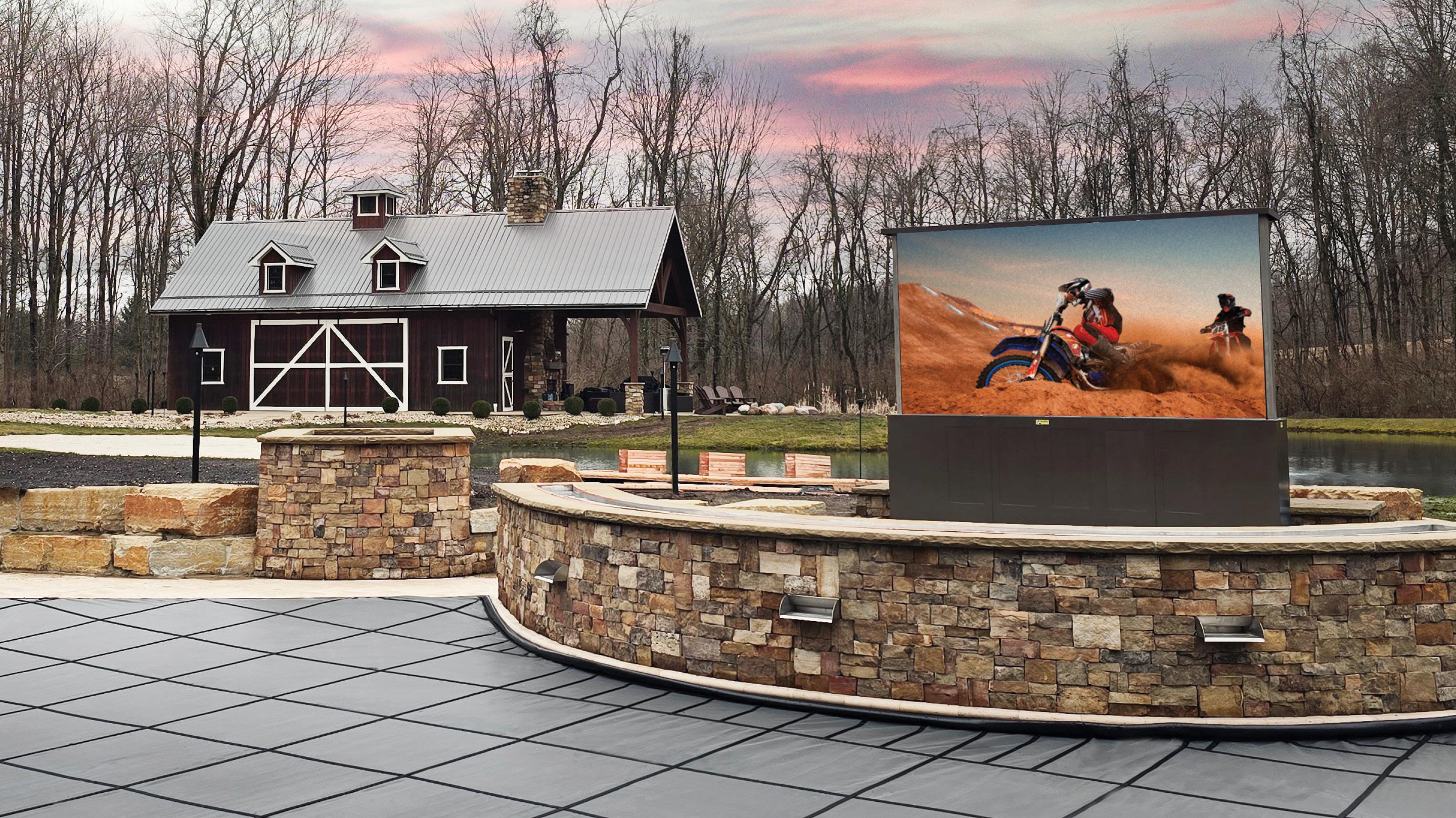 Stealth Acoustics Incredible Stealth Patio Theater 137” outdoor, retracting LED TV.