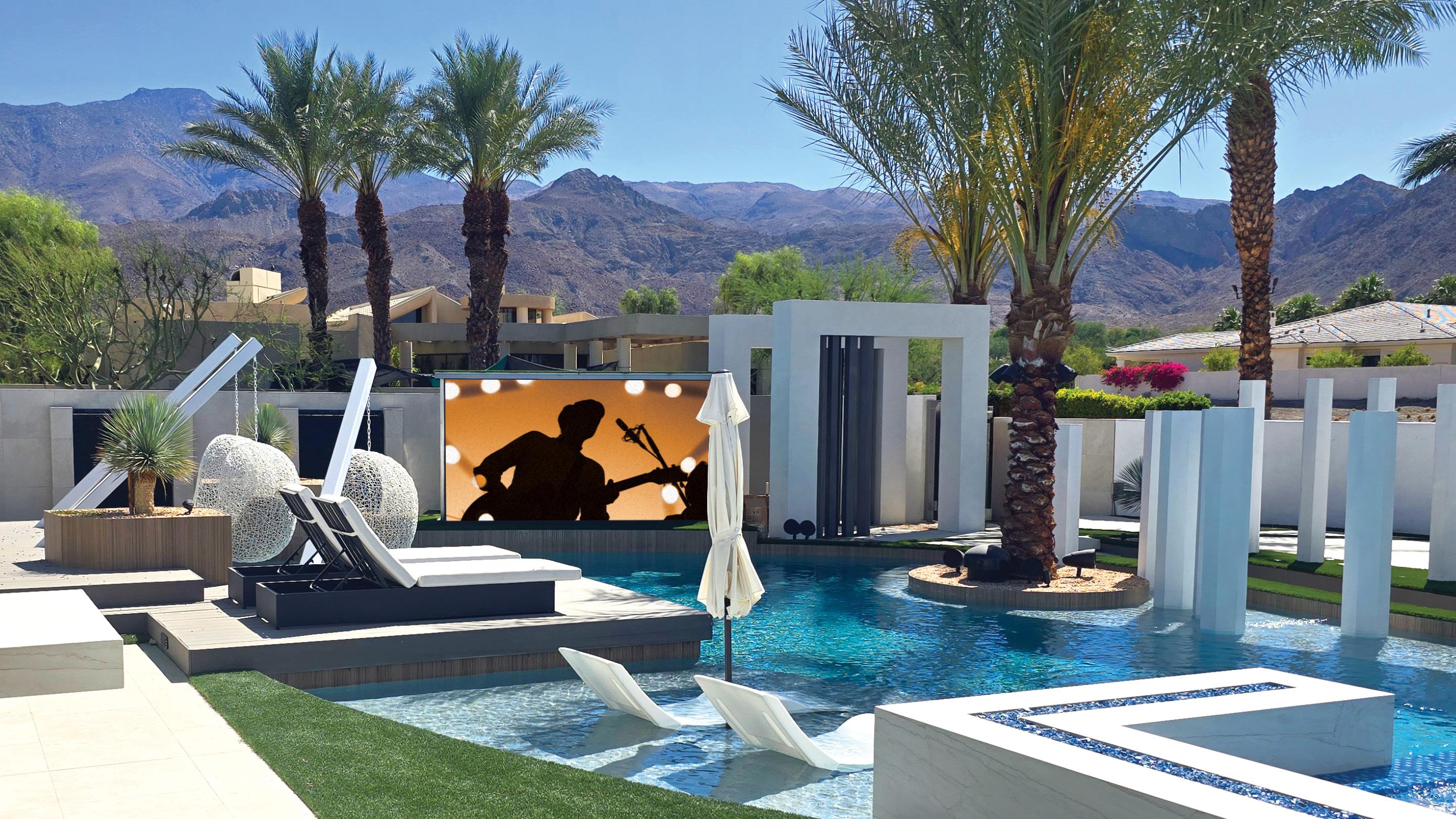 Stealth Acoustics Incredible Stealth Patio Theater 156” outdoor, retracting LED TV.