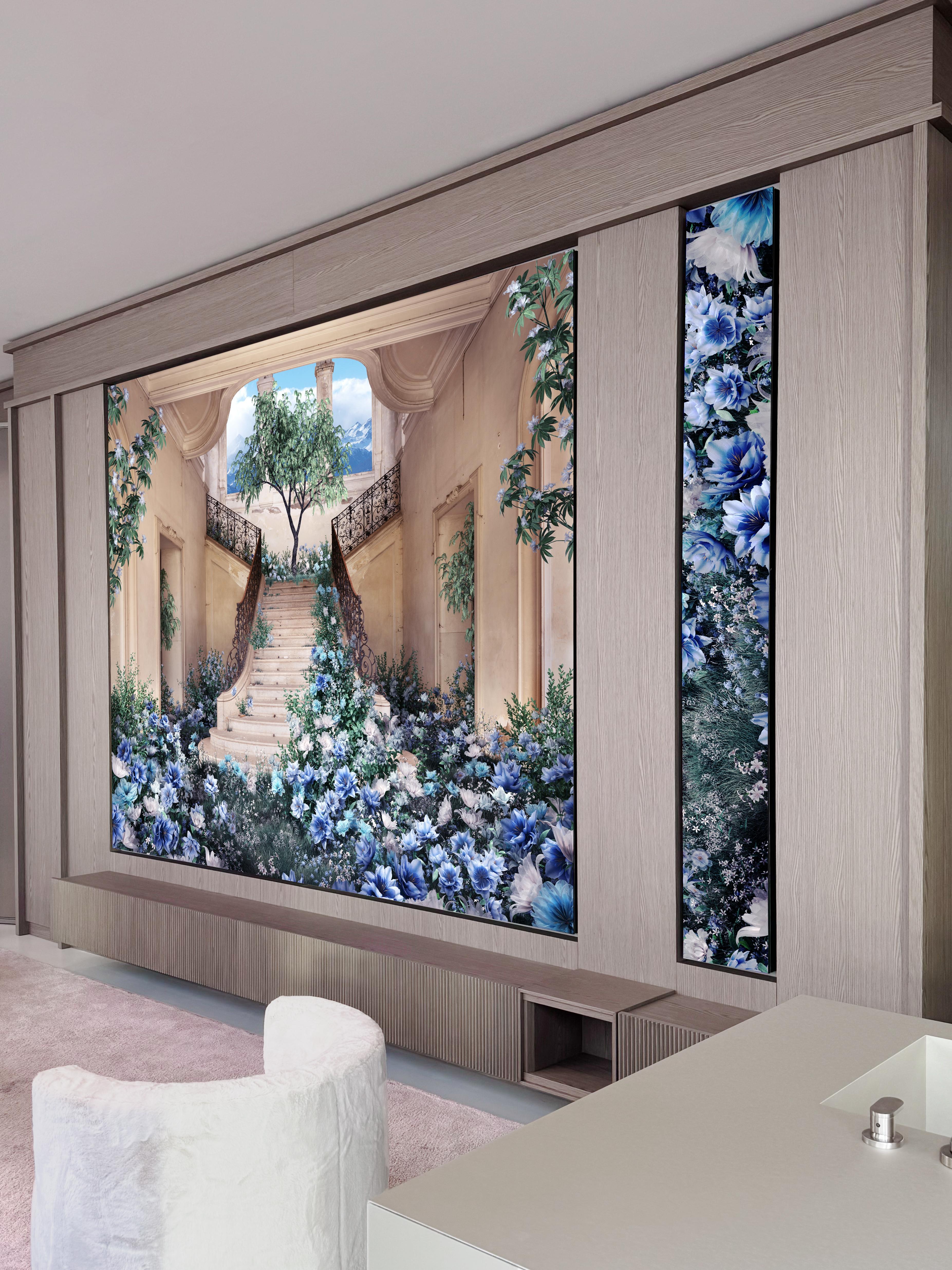 Ventana Ventana® XR08 microLED tiles incorporated into a built-in shelving unit.